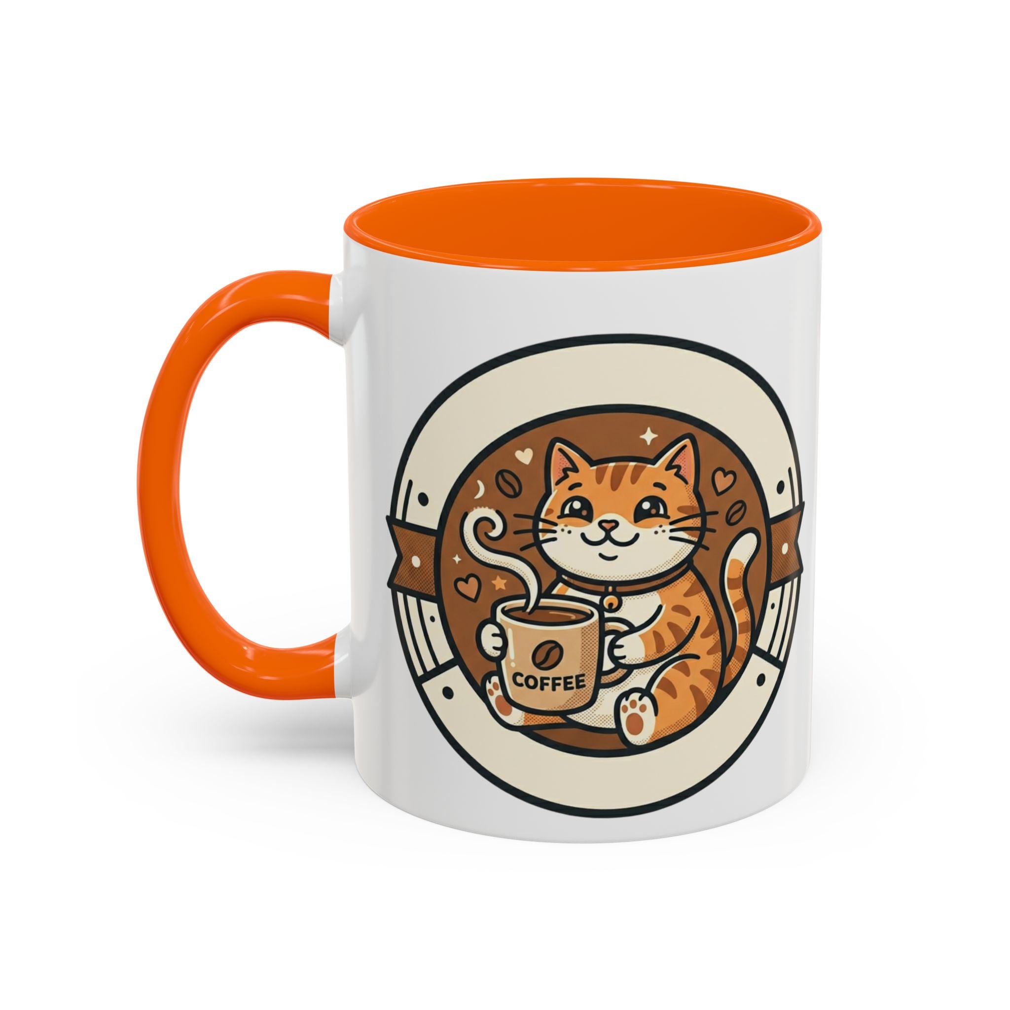 Cat Coffee Mug — Cute Orange Kitty Holding ‘Coffee’ Accent Ceramic Mug (11/15 oz)
