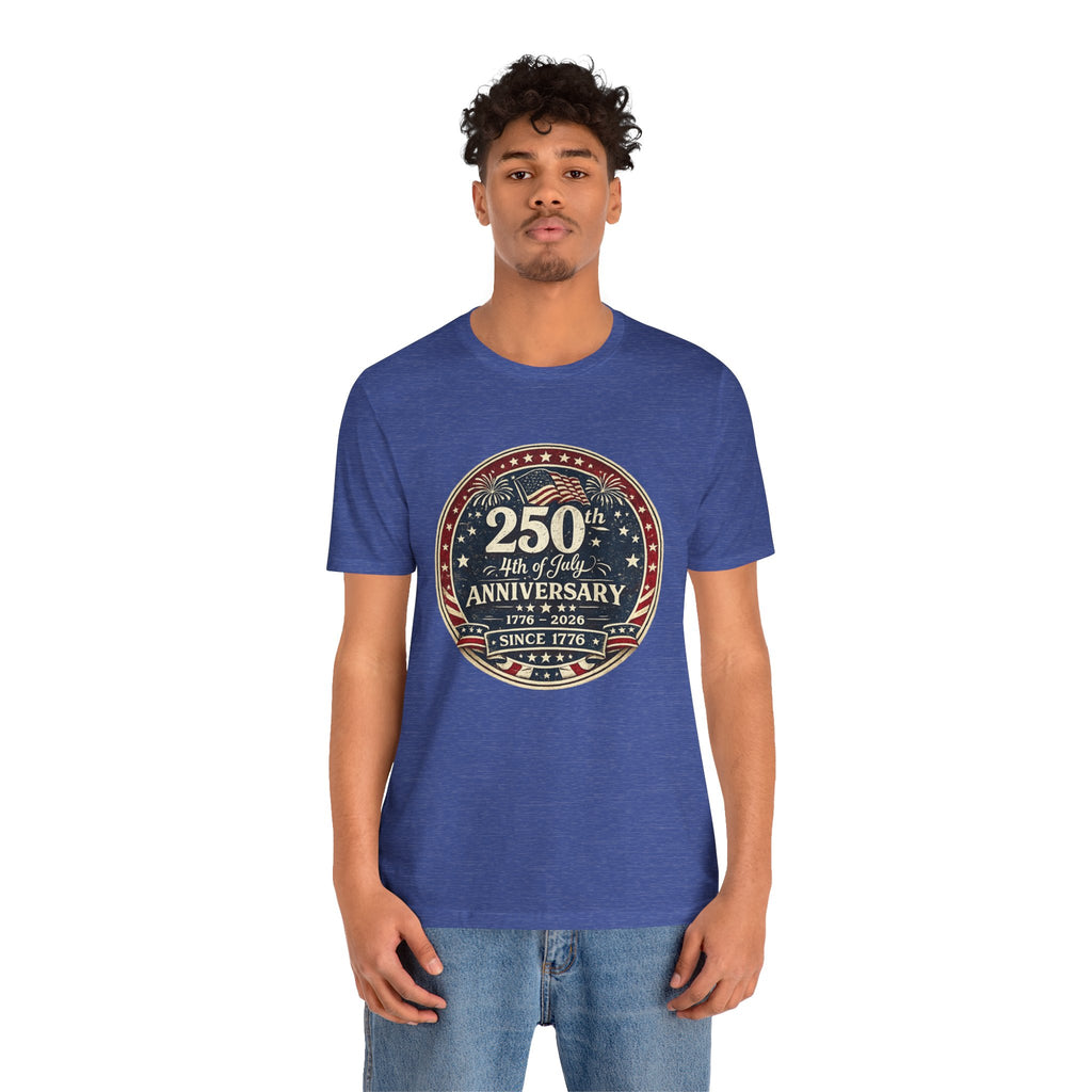 4th of July 250th Anniversary T-Shirt – Vintage American Flag Emblem (1776–2026)