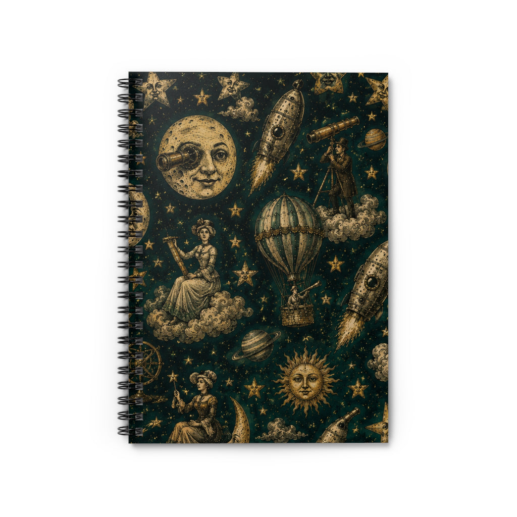 Charles Mèliés Vibe Spiral Notebook — Moon, Sun & Victorian Space Pattern (Ruled)