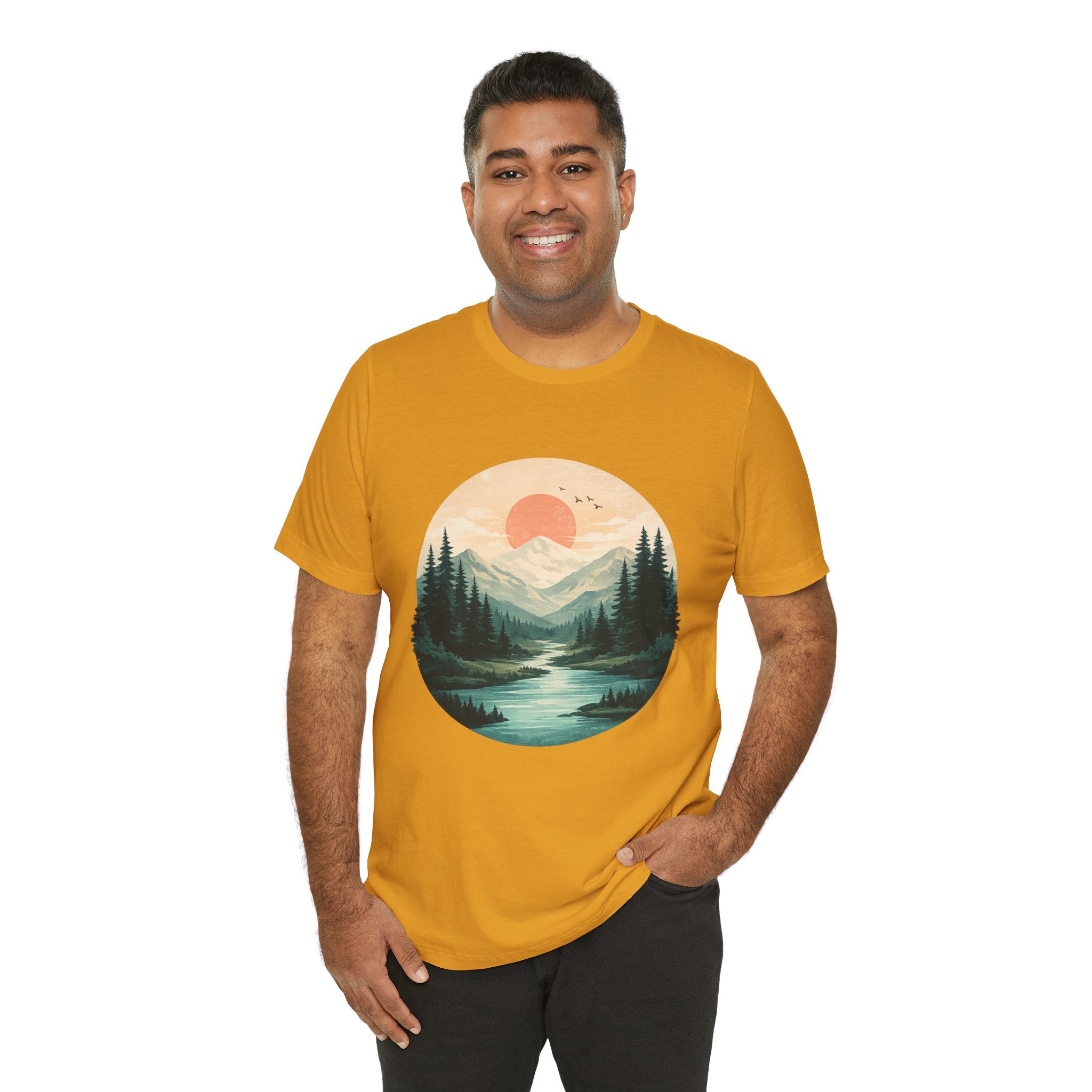 Sunset Mountain Landscape T-Shirt — Scenic Forest River Graphic Tee