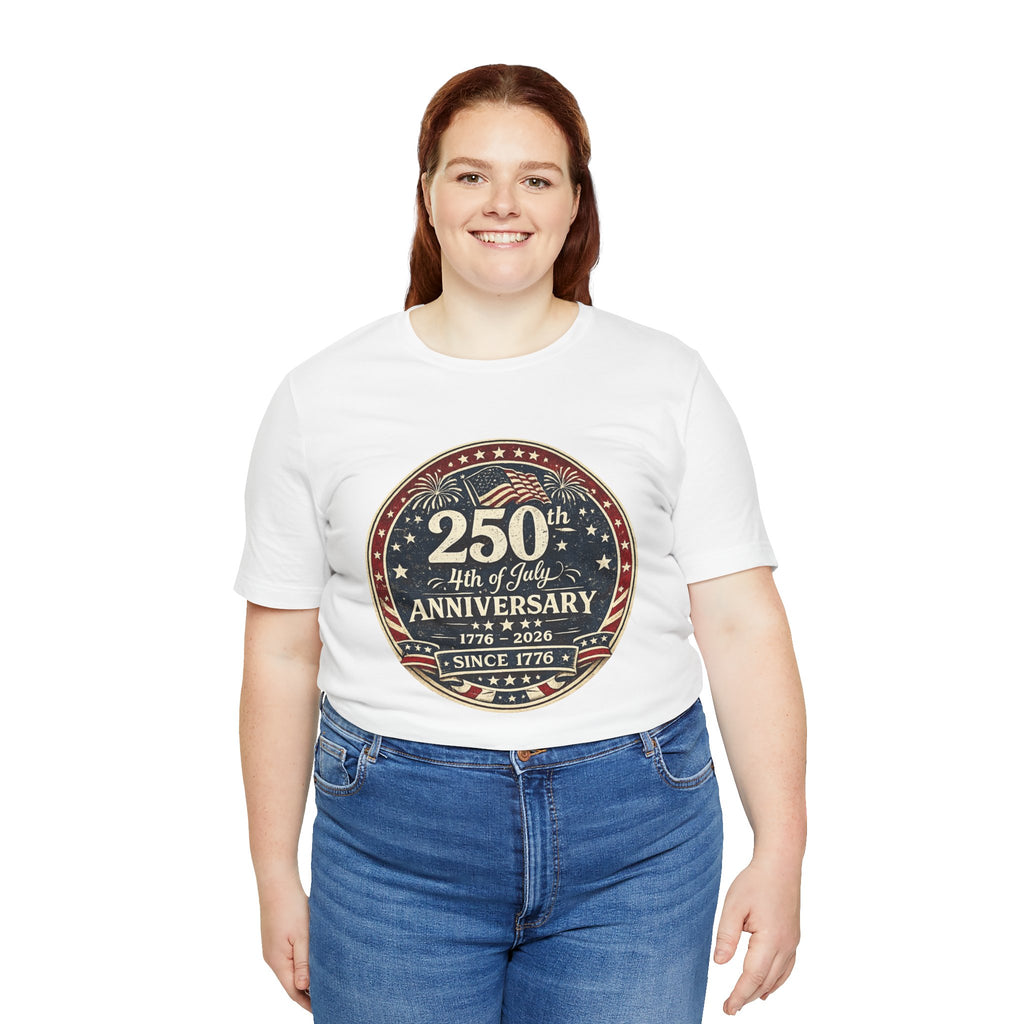 4th of July 250th Anniversary T-Shirt – Vintage American Flag Emblem (1776–2026)
