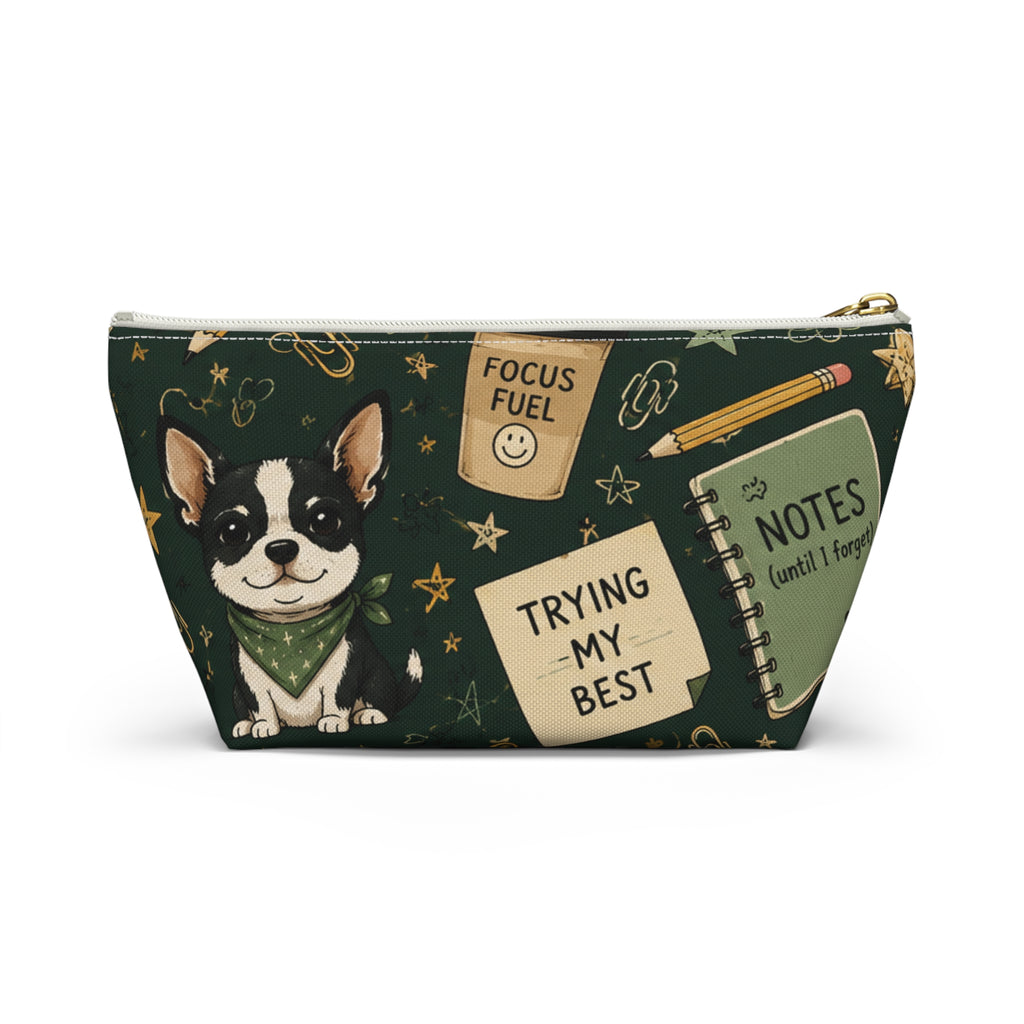 Dog Lover Notes Accessory Pouch — 'Trying My Best' T‑Bottom Makeup Bag