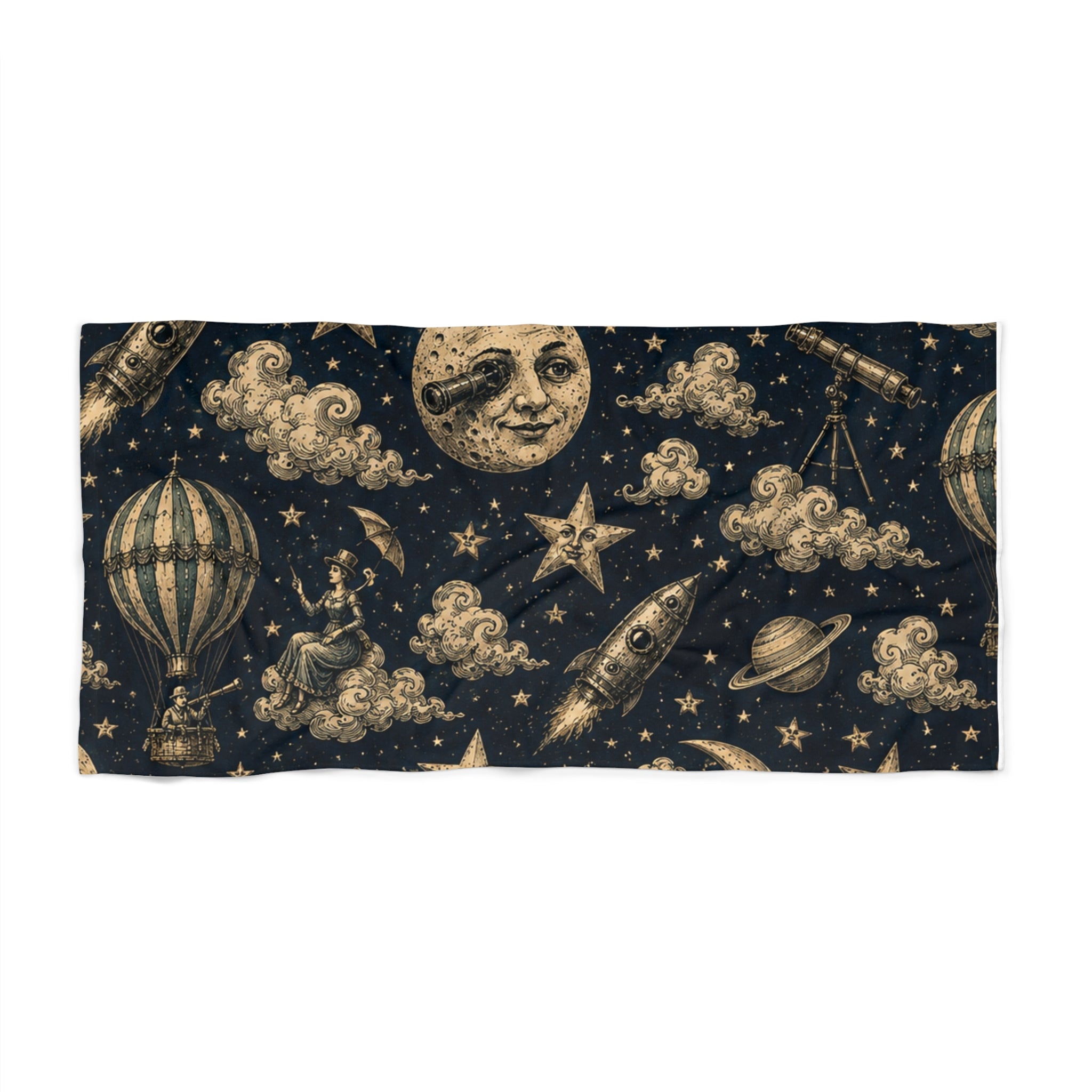 Charles Mèliés Vibe  Vintage Beach Towel — Moon, Stars & Hot Air Balloon Night Sky Design