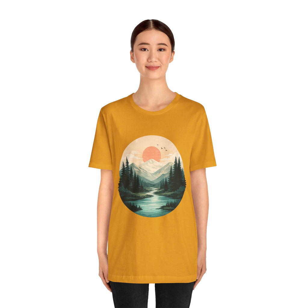 Sunset Mountain Landscape T-Shirt — Scenic Forest River Graphic Tee