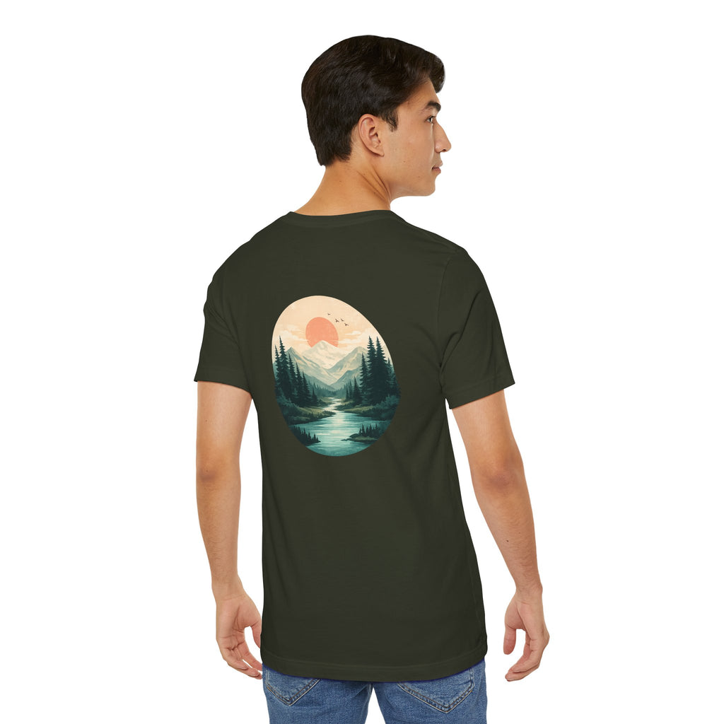 Nature Sunset Mountain Back Design T-Shirt — Scenic River & Pine Forest Graphic Tee