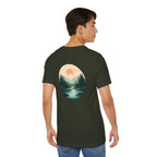 Nature Sunset Mountain Back Design T-Shirt — Scenic River & Pine Forest Graphic Tee