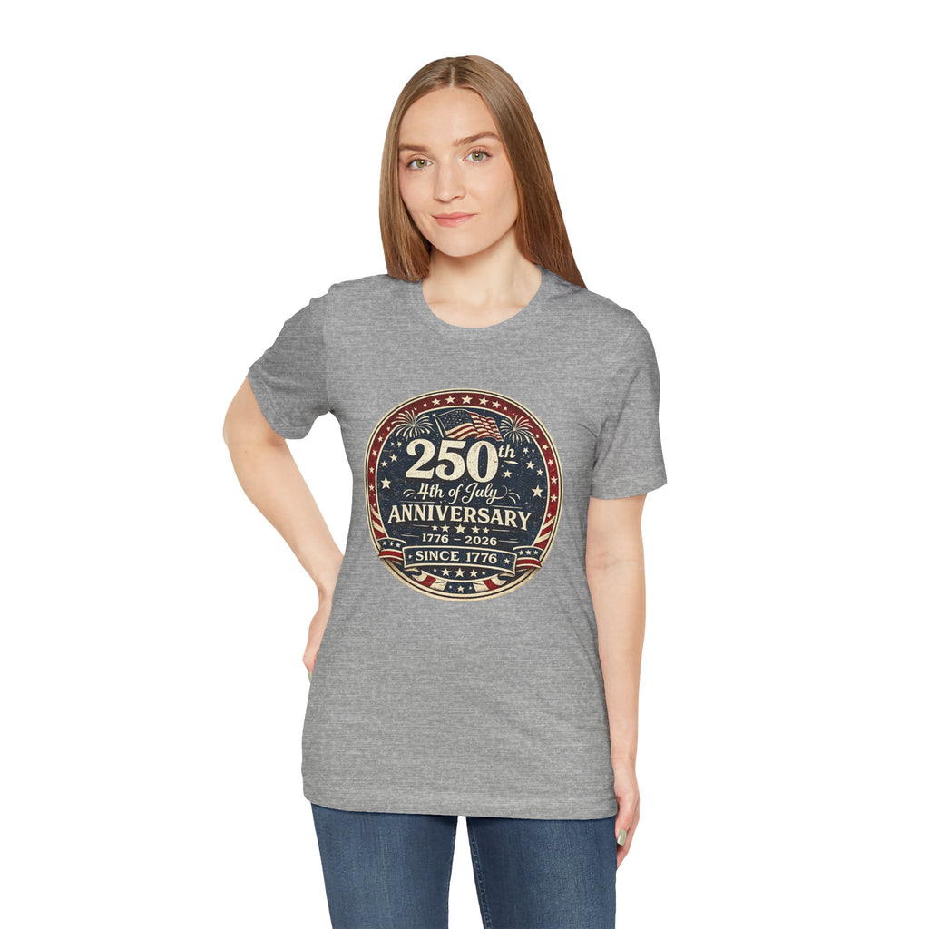 4th of July 250th Anniversary T-Shirt – Vintage American Flag Emblem (1776–2026)