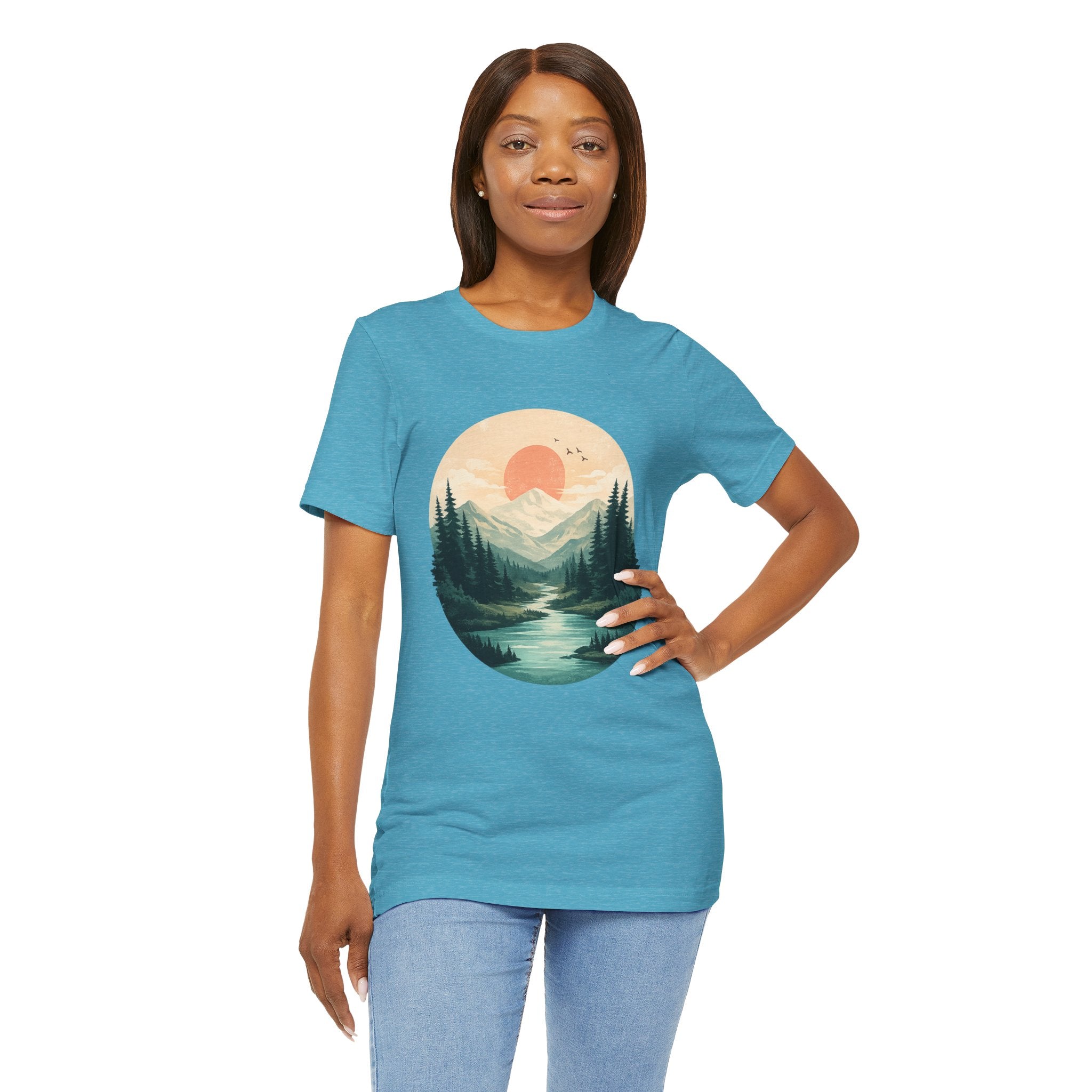 Sunset Mountain Landscape T-Shirt — Scenic Forest River Graphic Tee