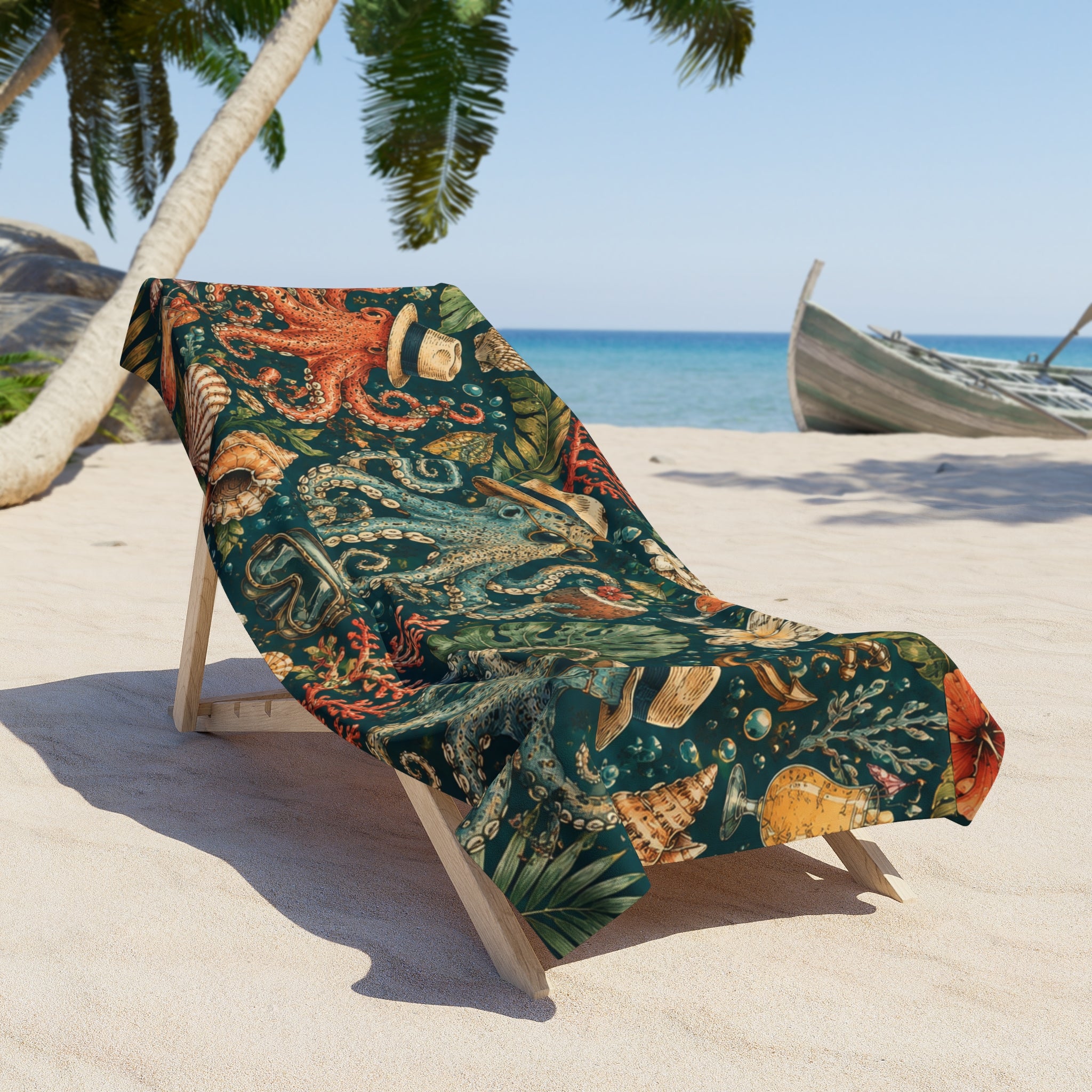 Vintage Octopus Beach Towel — Nautical Tropical Seashell Design