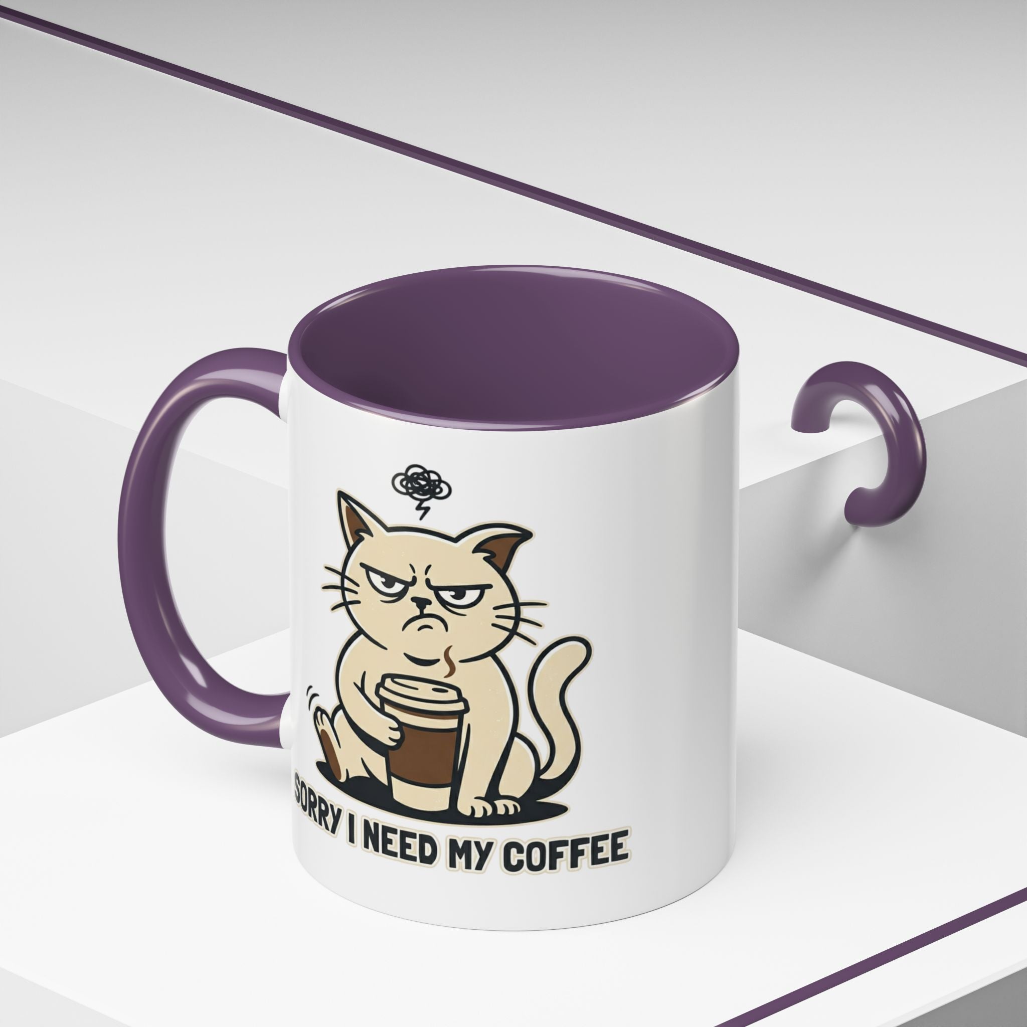 Cat Lover Coffee Mug – Cute Cat Illustration ‘Coffee’ Accent Ceramic Mug (11/15oz)