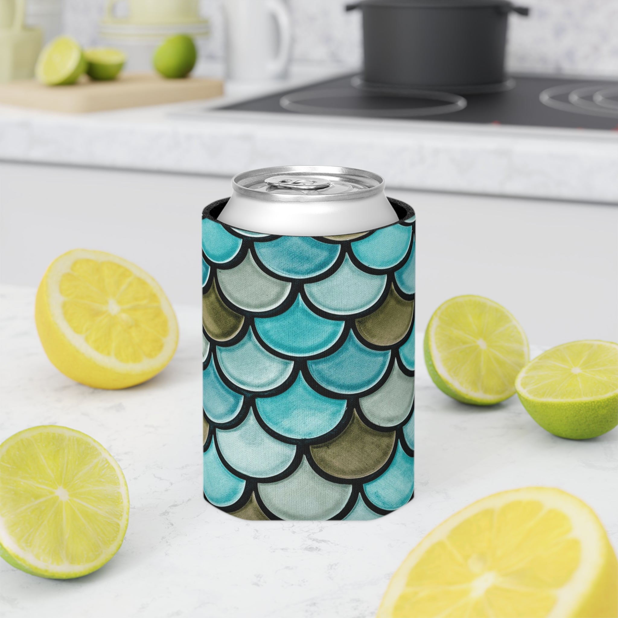 Mermaid Scale Can Cooler – Blue Teal Fish Scale Beverage Koozie