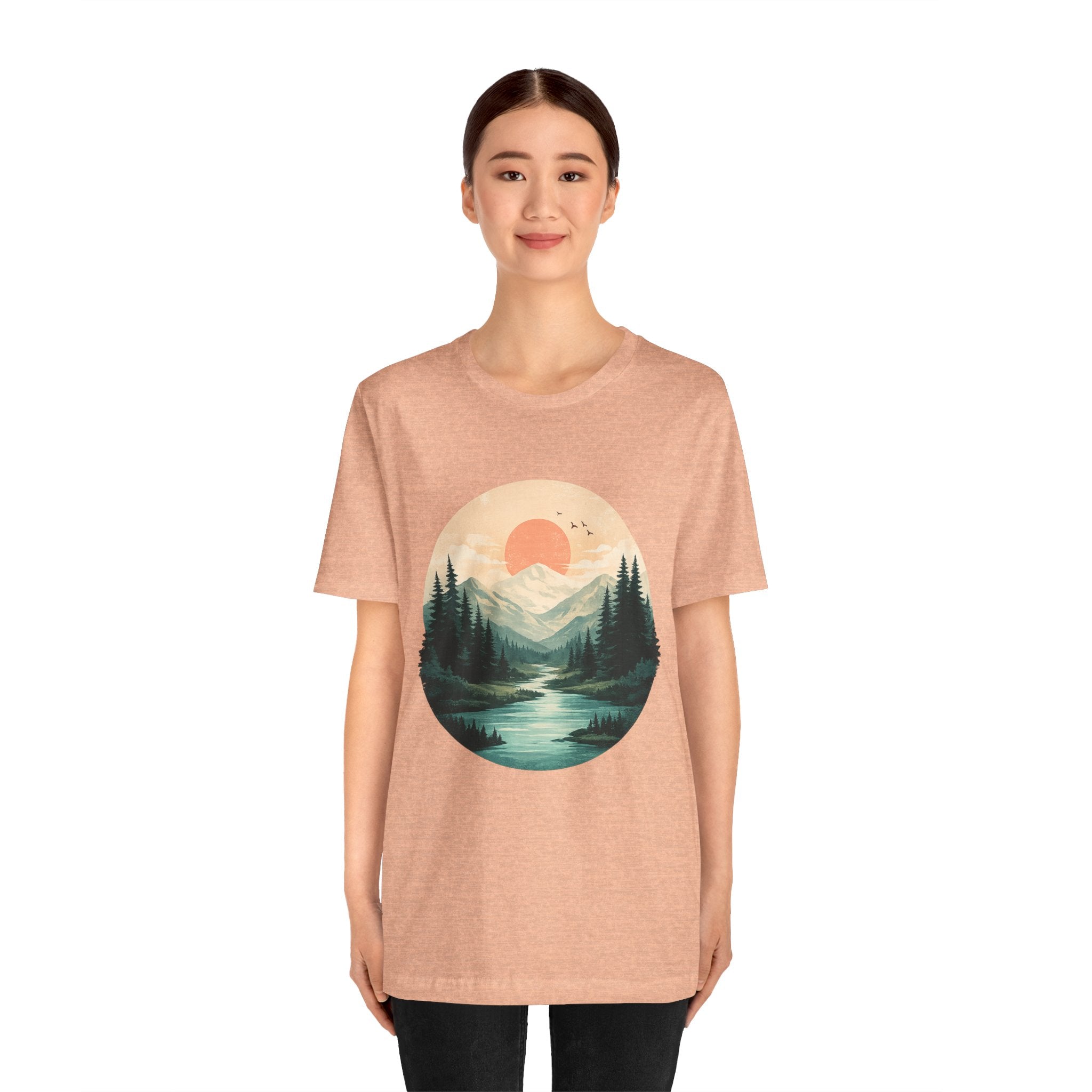 Sunset Mountain Landscape T-Shirt — Scenic Forest River Graphic Tee