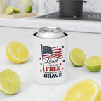 Can Cooler — "Land of the Free Because of the Brave" American Flag Patriotic Koozie (4th of July, Memorial Day)