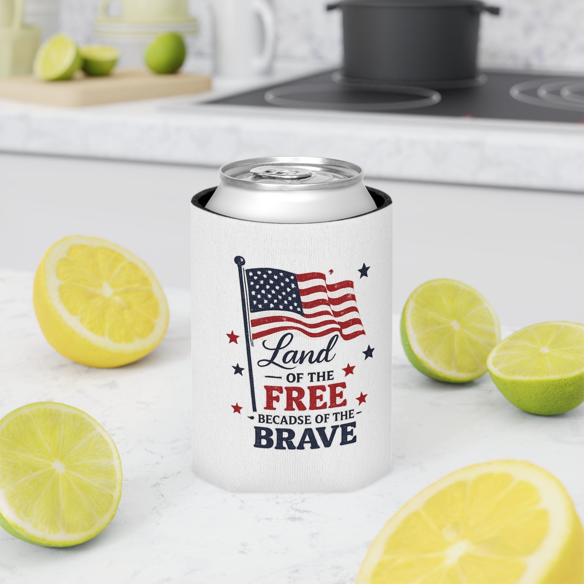 Can Cooler — "Land of the Free Because of the Brave" American Flag Patriotic Koozie (4th of July, Memorial Day)
