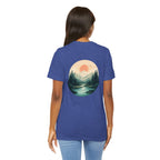 Nature Sunset Mountain Back Design T-Shirt — Scenic River & Pine Forest Graphic Tee