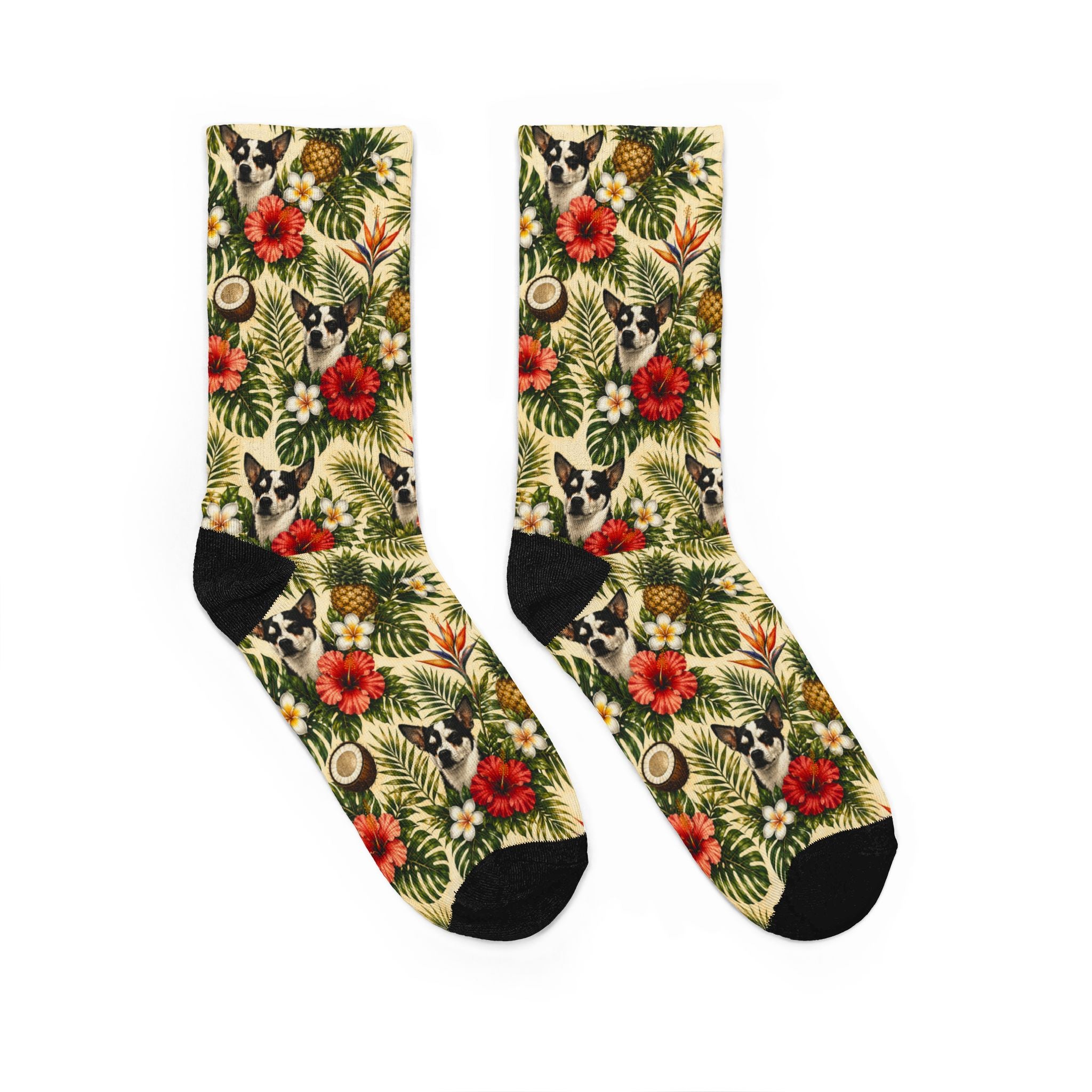 Tropical Chihuahua Crew Socks — Pineapple & Hibiscus Pattern