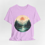Sunset Mountain Landscape T-Shirt — Scenic Forest River Graphic Tee