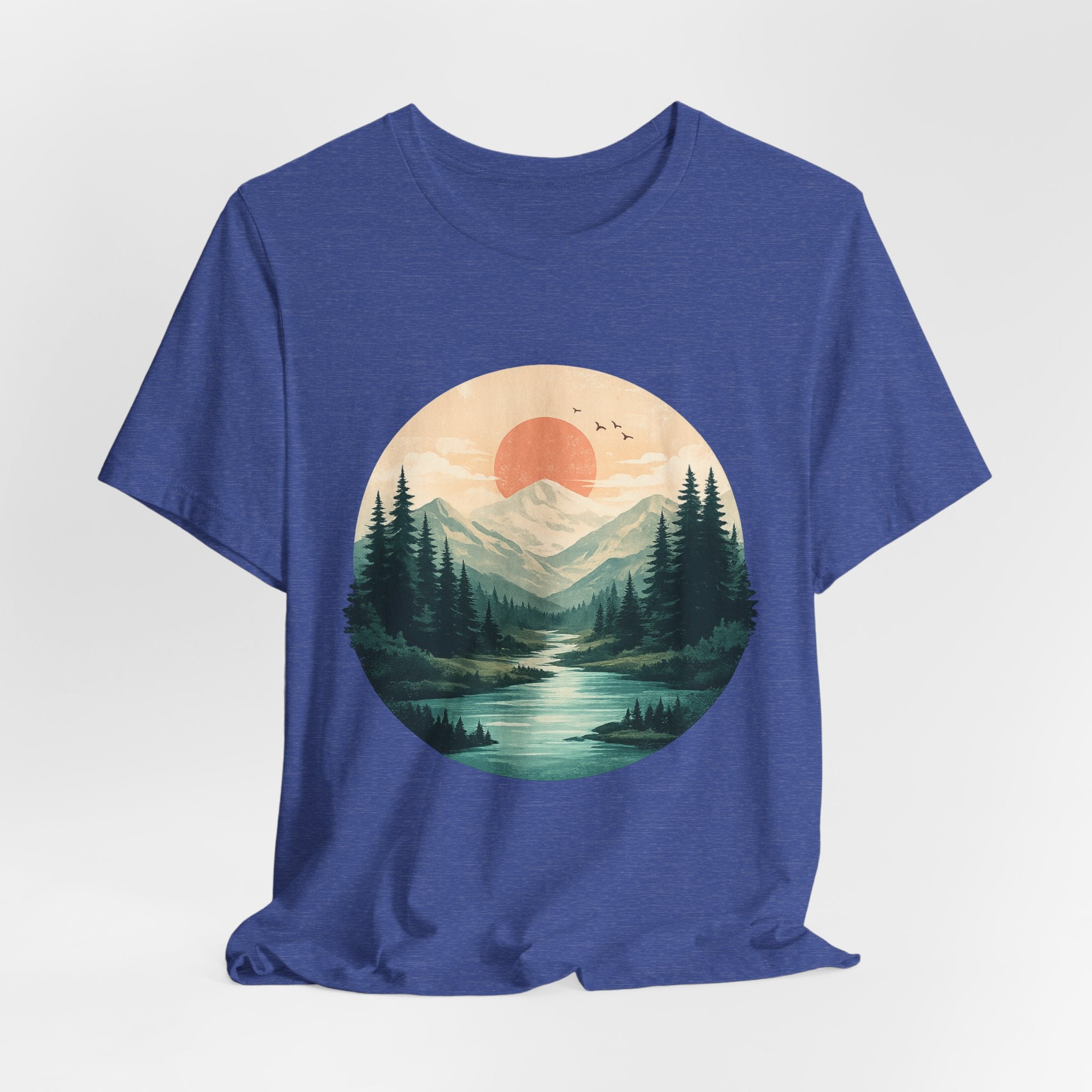 Sunset Mountain Landscape T-Shirt — Scenic Forest River Graphic Tee