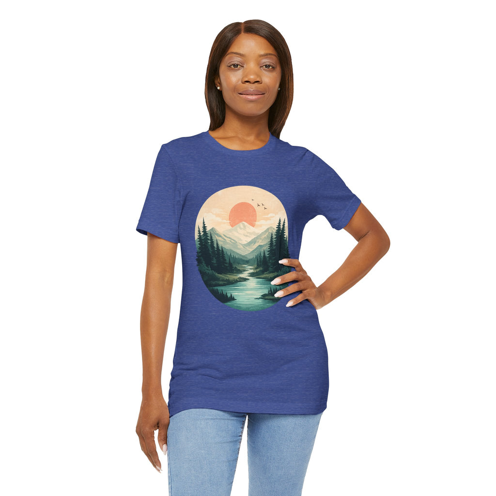 Sunset Mountain Landscape T-Shirt — Scenic Forest River Graphic Tee