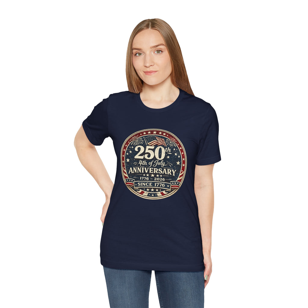 4th of July 250th Anniversary T-Shirt – Vintage American Flag Emblem (1776–2026)