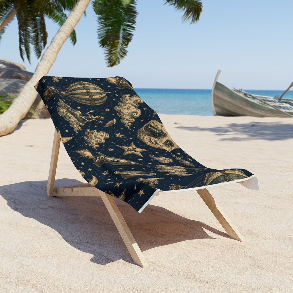 Charles Mèliés Vibe  Vintage Beach Towel — Moon, Stars & Hot Air Balloon Night Sky Design
