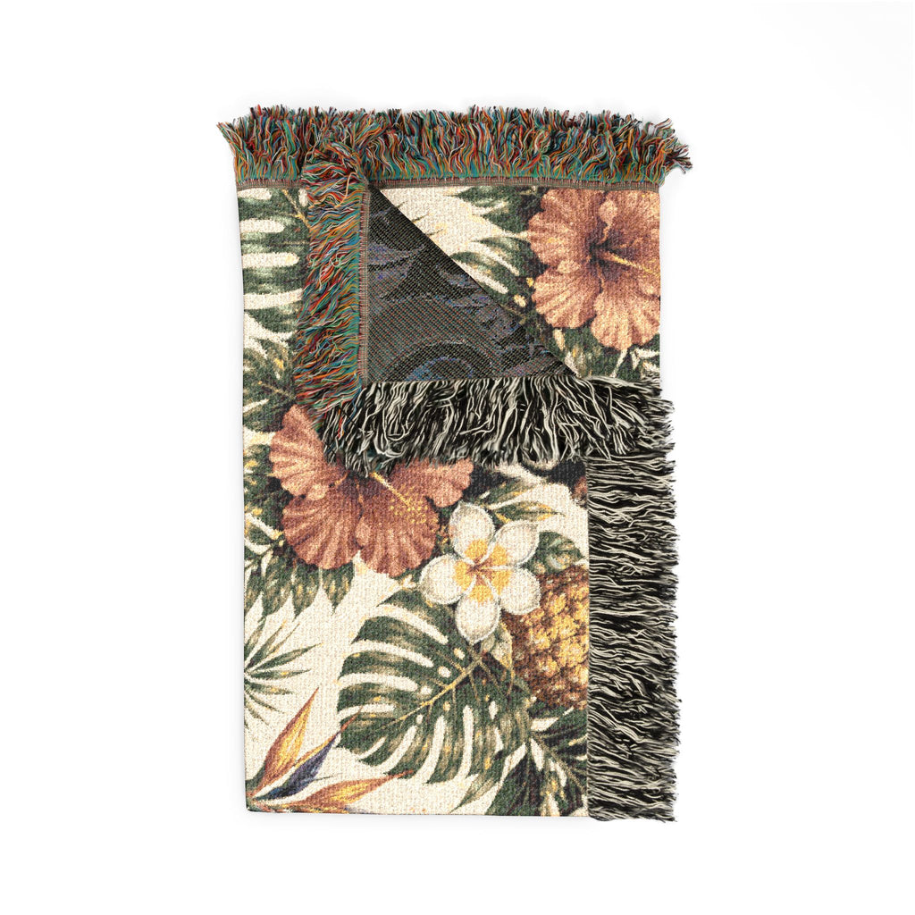 Tropical Floral Woven Blanket — Kiwi, Pineapple, Coconut & Hibiscus Throw