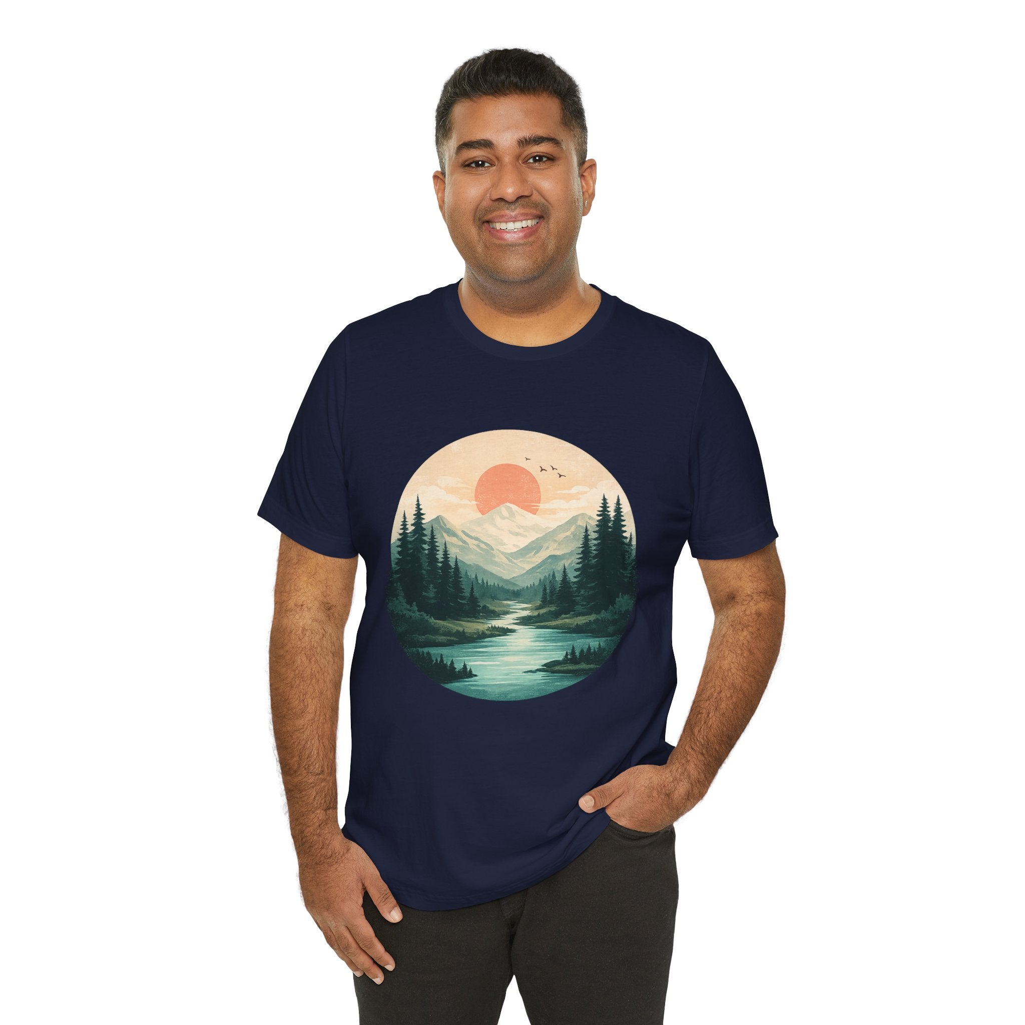 Sunset Mountain Landscape T-Shirt — Scenic Forest River Graphic Tee