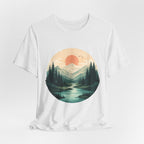 Sunset Mountain Landscape T-Shirt — Scenic Forest River Graphic Tee