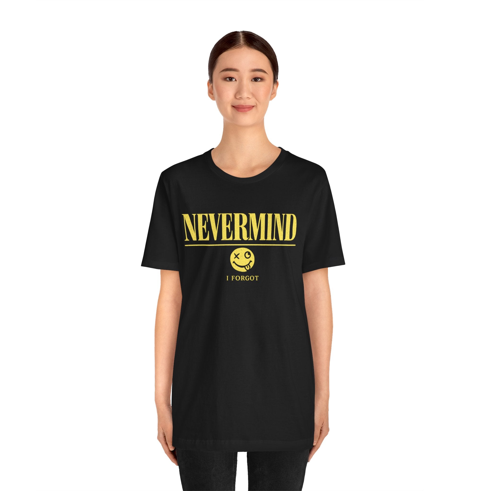 Nevermind I Forgot T-Shirt — Retro Yellow Smiley Graphic Tee