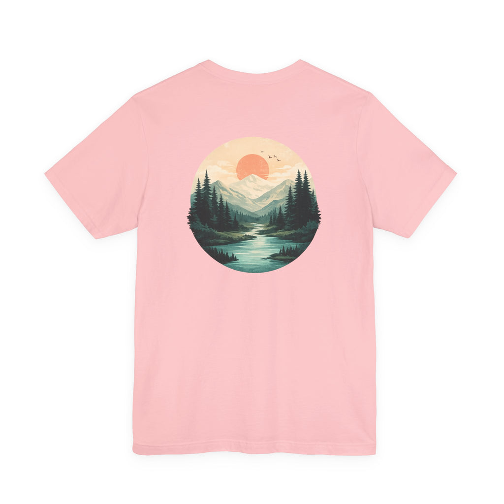 Nature Sunset Mountain Back Design T-Shirt — Scenic River & Pine Forest Graphic Tee