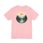 Nature Sunset Mountain Back Design T-Shirt — Scenic River & Pine Forest Graphic Tee