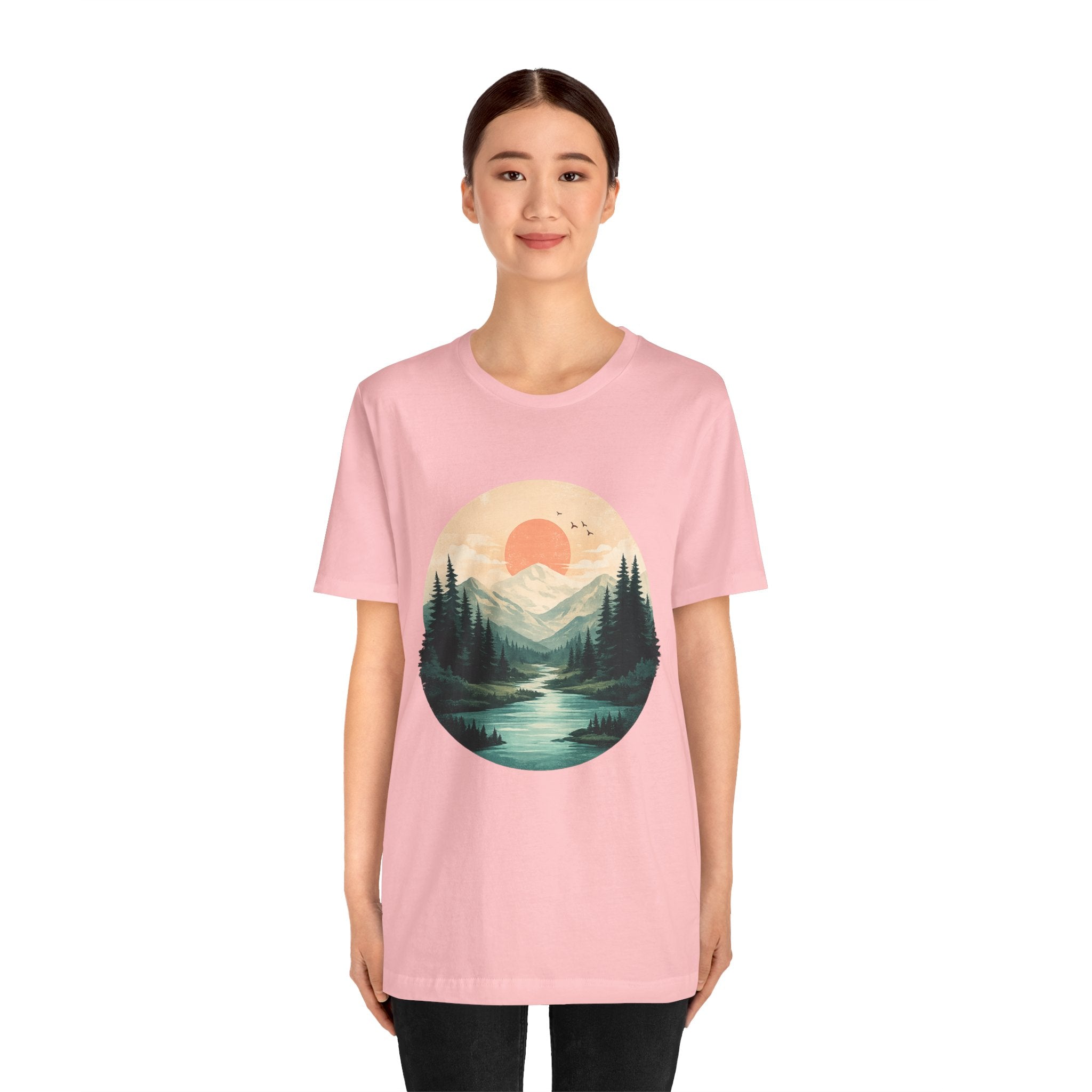 Sunset Mountain Landscape T-Shirt — Scenic Forest River Graphic Tee