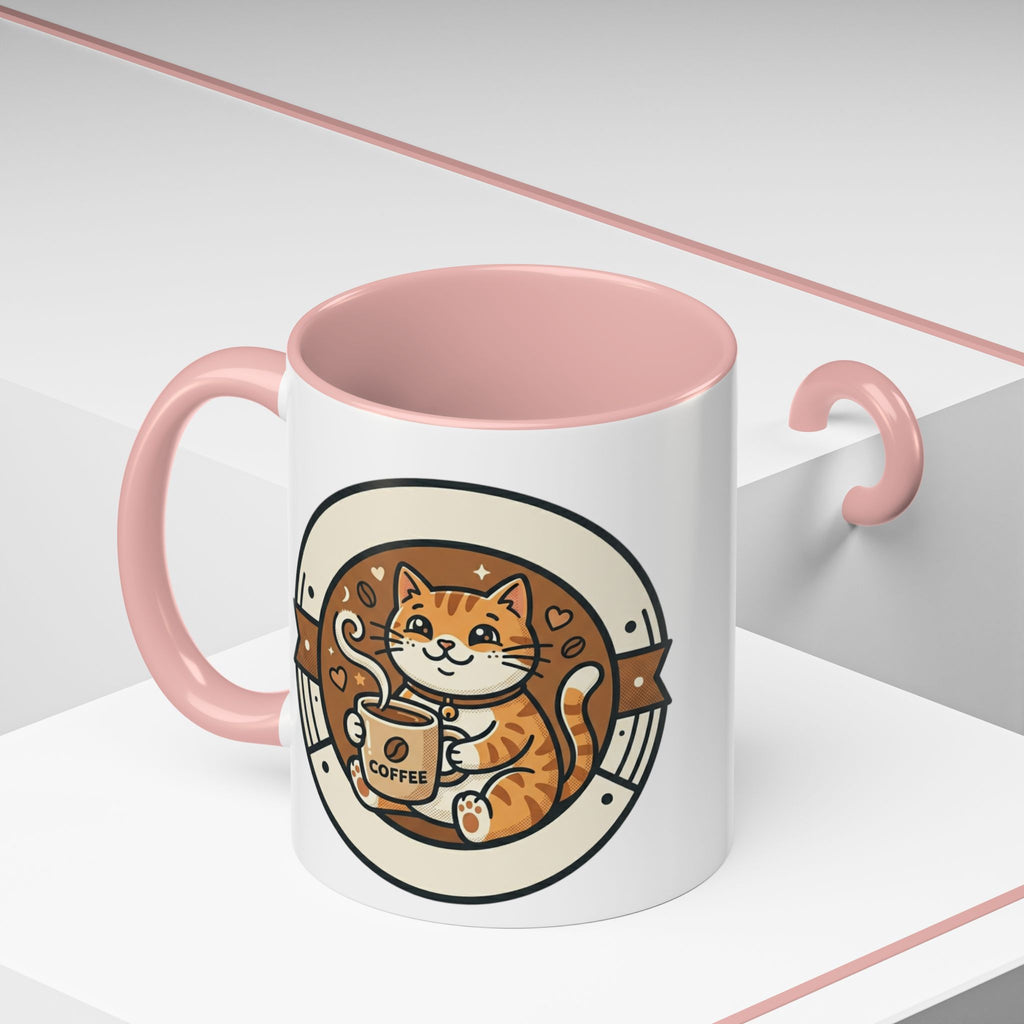 Cat Coffee Mug — Cute Orange Kitty Holding ‘Coffee’ Accent Ceramic Mug (11/15 oz)