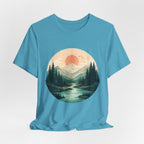 Sunset Mountain Landscape T-Shirt — Scenic Forest River Graphic Tee