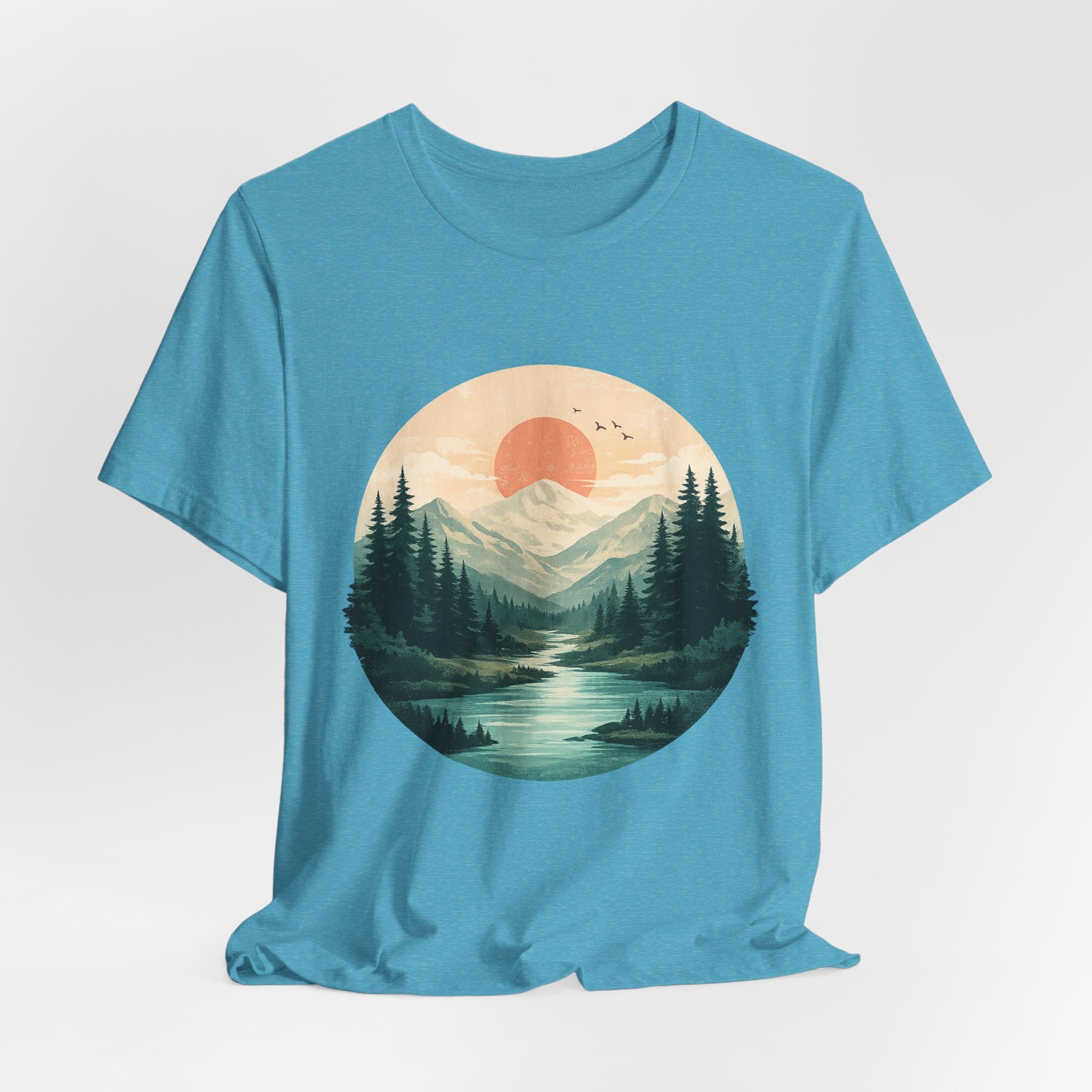 Sunset Mountain Landscape T-Shirt — Scenic Forest River Graphic Tee