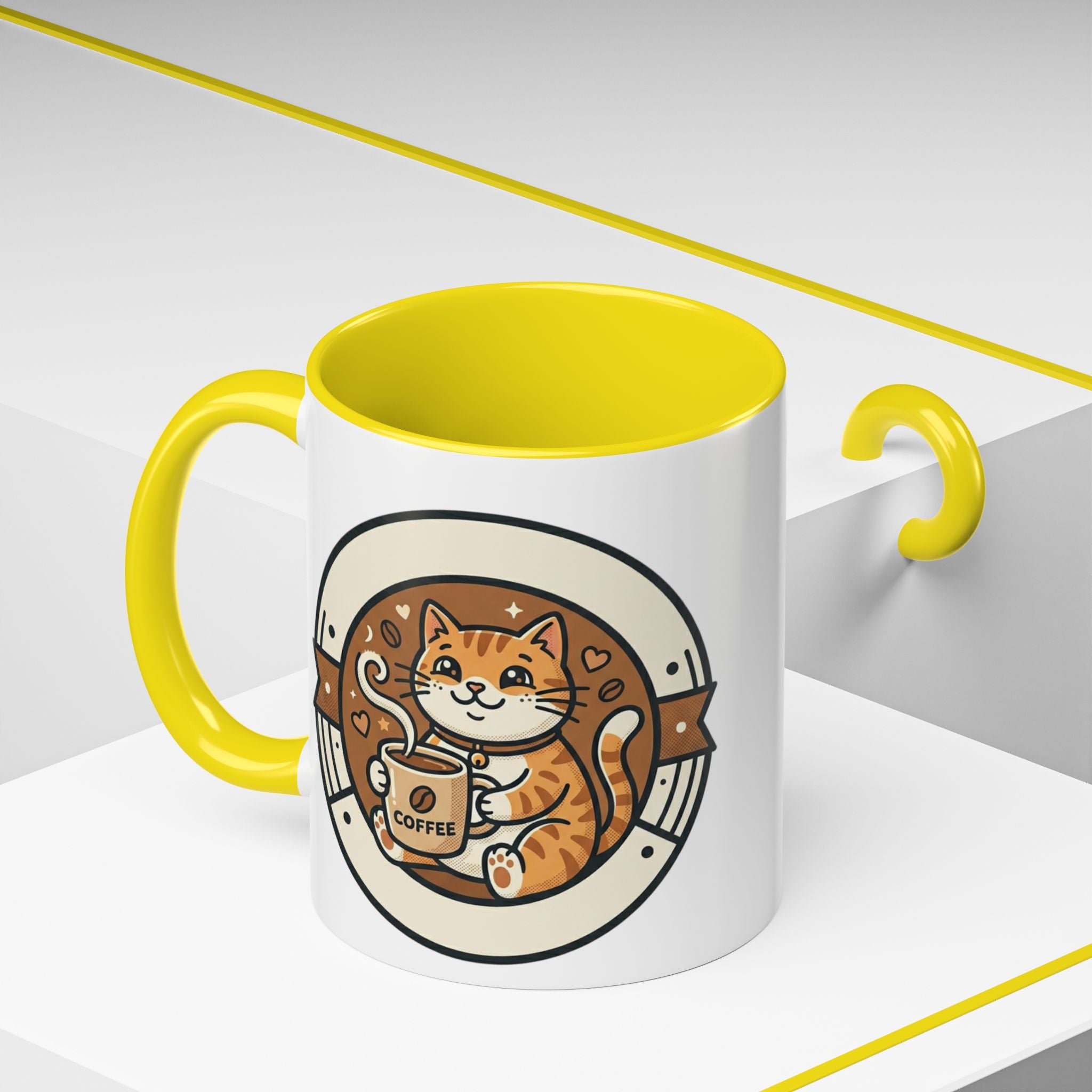 Cat Coffee Mug — Cute Orange Kitty Holding ‘Coffee’ Accent Ceramic Mug (11/15 oz)