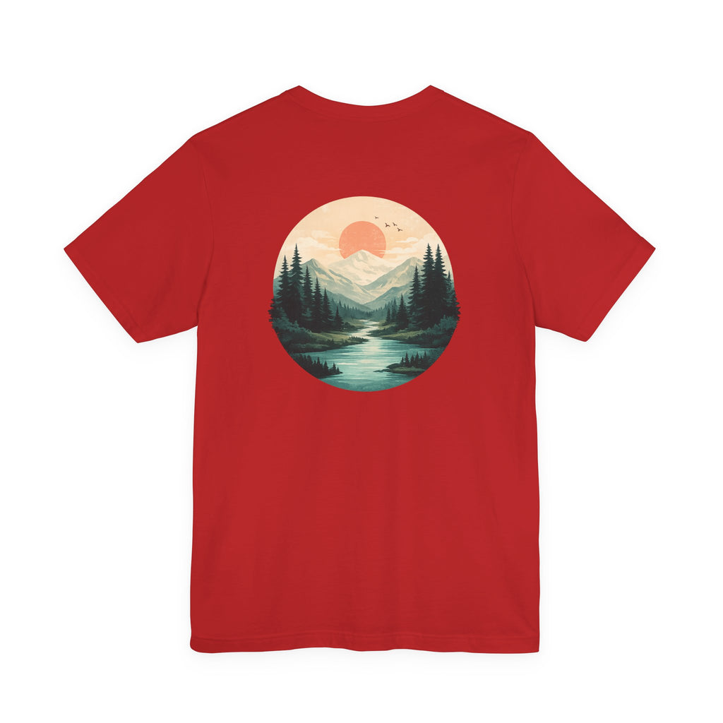 Nature Sunset Mountain Back Design T-Shirt — Scenic River & Pine Forest Graphic Tee