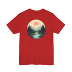 Nature Sunset Mountain Back Design T-Shirt — Scenic River & Pine Forest Graphic Tee