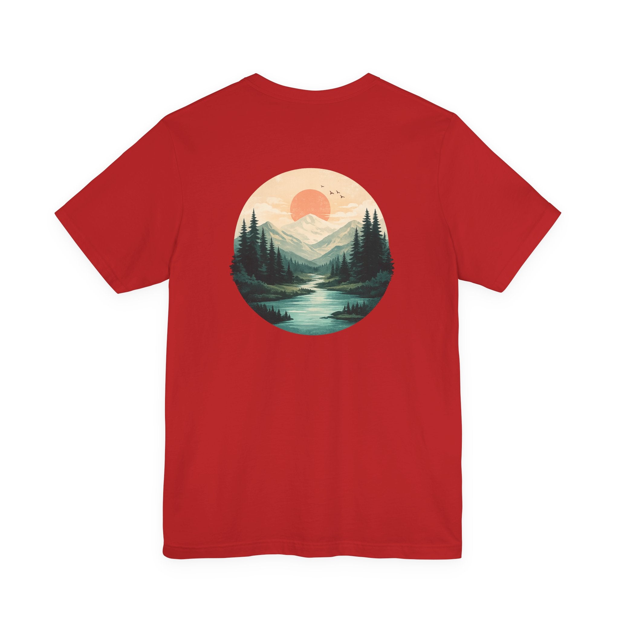 Nature Sunset Mountain Back Design T-Shirt — Scenic River & Pine Forest Graphic Tee