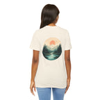 Nature Sunset Mountain Back Design T-Shirt — Scenic River & Pine Forest Graphic Tee