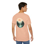 Nature Sunset Mountain Back Design T-Shirt — Scenic River & Pine Forest Graphic Tee