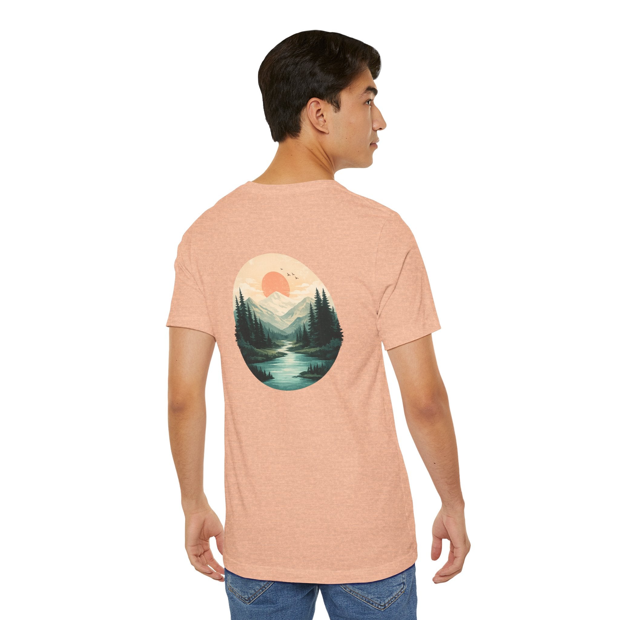 Nature Sunset Mountain Back Design T-Shirt — Scenic River & Pine Forest Graphic Tee