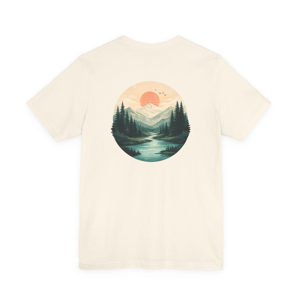 Nature Sunset Mountain Back Design T-Shirt — Scenic River & Pine Forest Graphic Tee