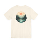 Nature Sunset Mountain Back Design T-Shirt — Scenic River & Pine Forest Graphic Tee