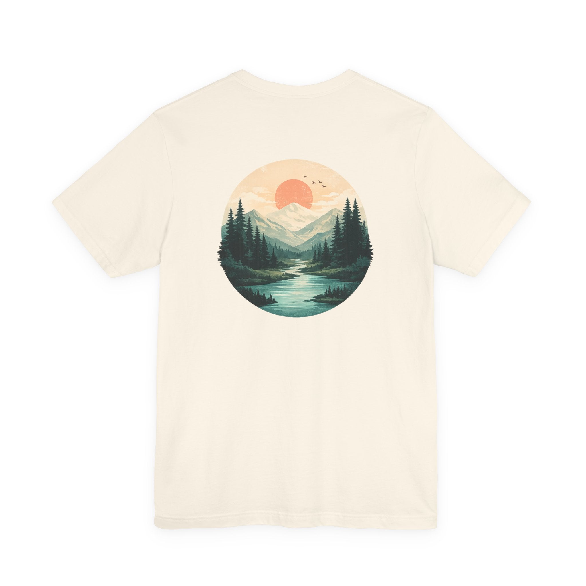 Nature Sunset Mountain Back Design T-Shirt — Scenic River & Pine Forest Graphic Tee