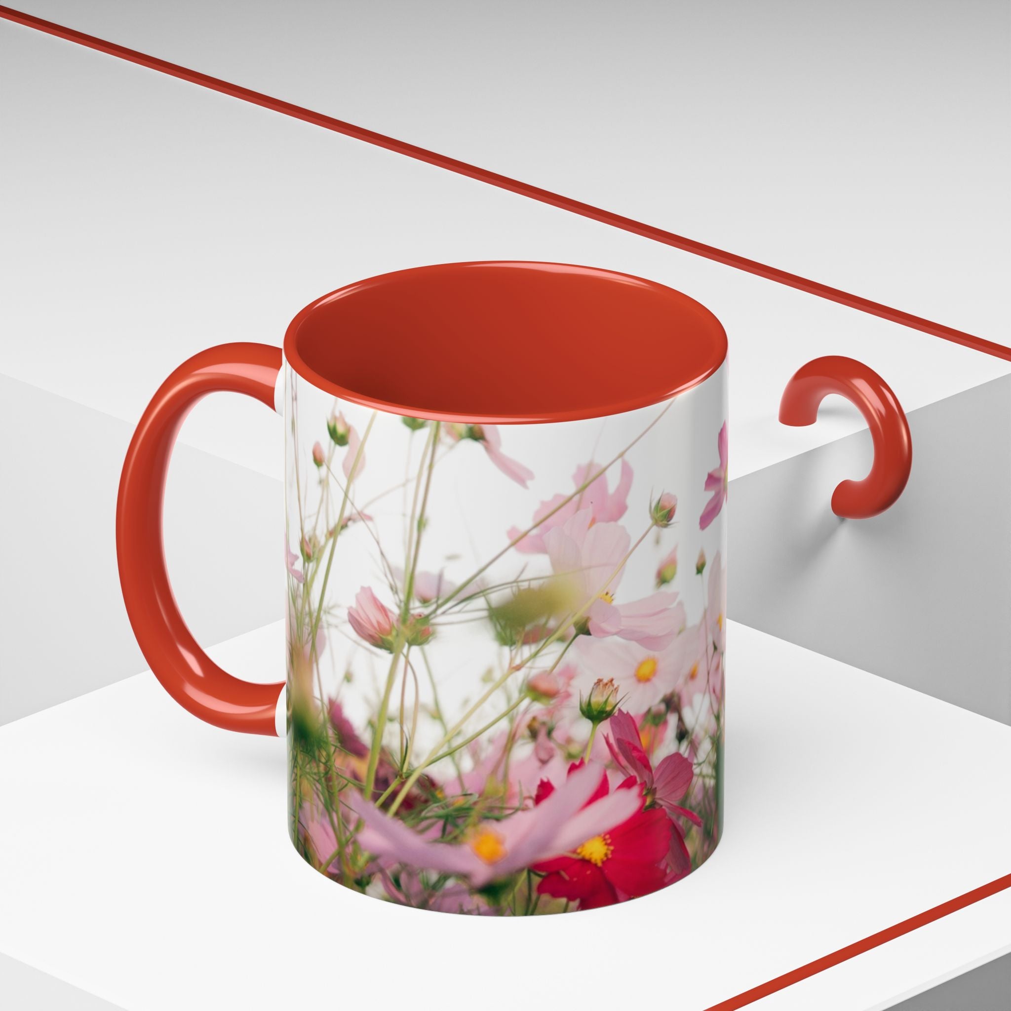 Floral Cosmos Accent Coffee Mug — Pink Wildflower Tea & Coffee Cup (11/15oz)