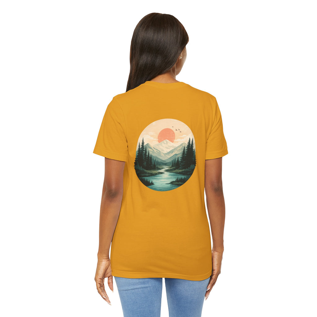 Nature Sunset Mountain Back Design T-Shirt — Scenic River & Pine Forest Graphic Tee