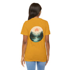 Nature Sunset Mountain Back Design T-Shirt — Scenic River & Pine Forest Graphic Tee