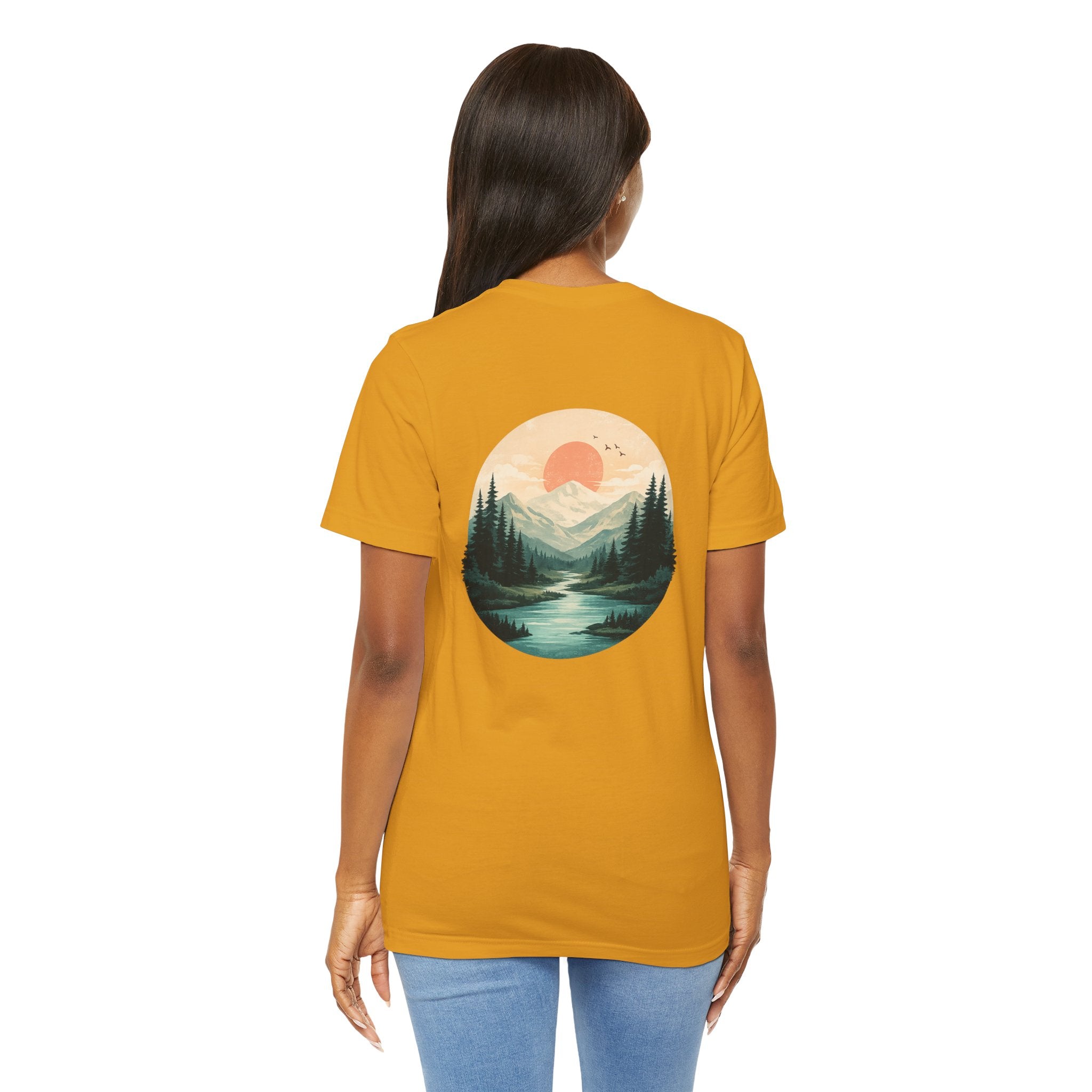 Nature Sunset Mountain Back Design T-Shirt — Scenic River & Pine Forest Graphic Tee