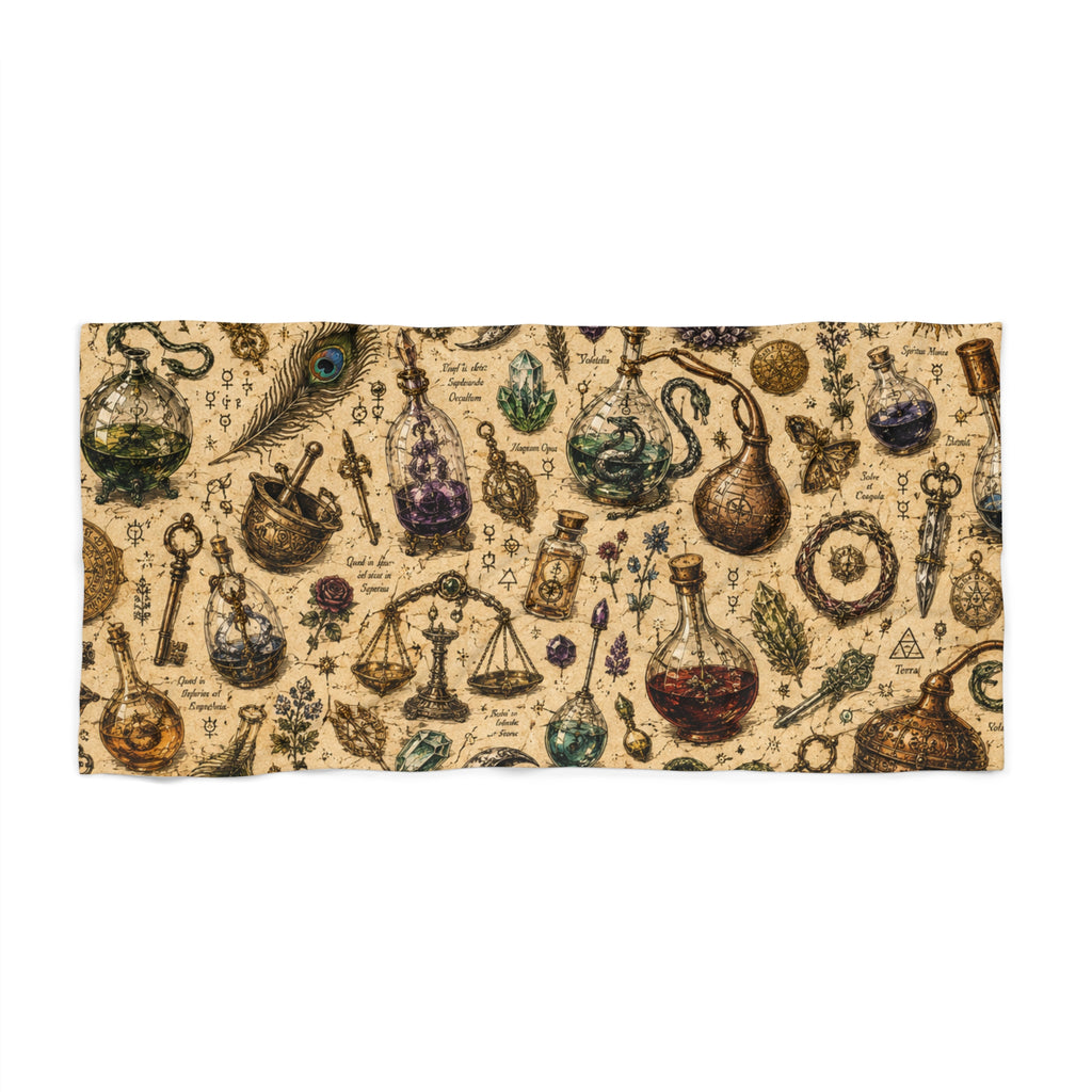 The Alchemist's Cabinet Beach Towel — Potion Bottles & Herb Illustration